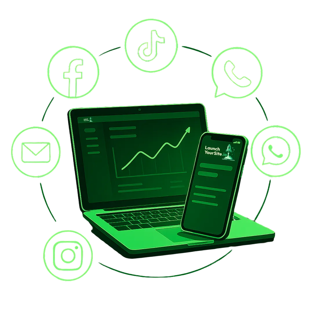 Marketingautomatisering via LaunchYourSite CRM — plan en verstuur berichten via e-mail, WhatsApp, Facebook, Instagram, TikTok, bellen en sms vanuit één dashboard