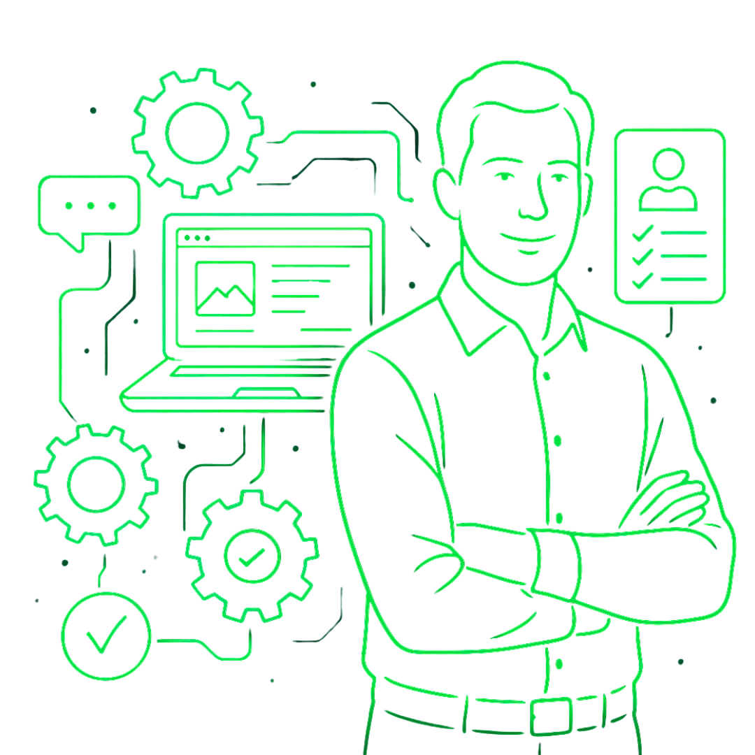 LaunchYourSite interface met laptop, CRM-dashboard, automatisering en salesgrafiek — alles-in-één website- en systemenplatform voor ondernemers