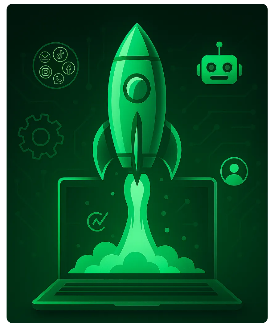 Alles-in-één platform voor ondernemers — LaunchYourSite raketicoon stijgt op vanuit laptop met A.I., automatisering, klantbeheer en social media integratie