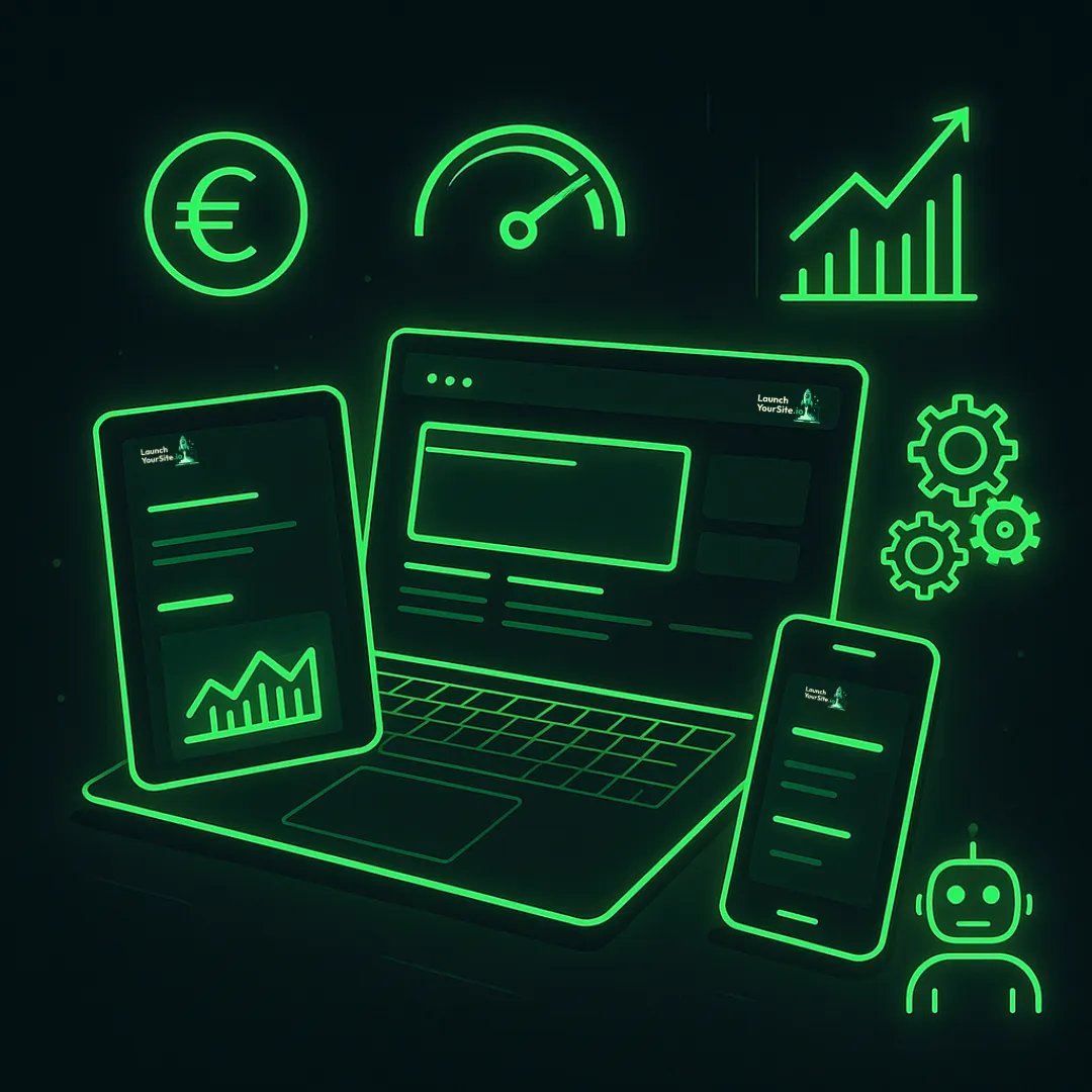 Responsive website met salesgrafiek, euro teken, automatisering en AI-systeem — conversiegerichte websites door LaunchYourSite