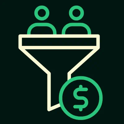 Leads funnel met klanticoontjes en euro-output — leads converteren naar betalende klanten via slimme automatisering van LaunchYourSite