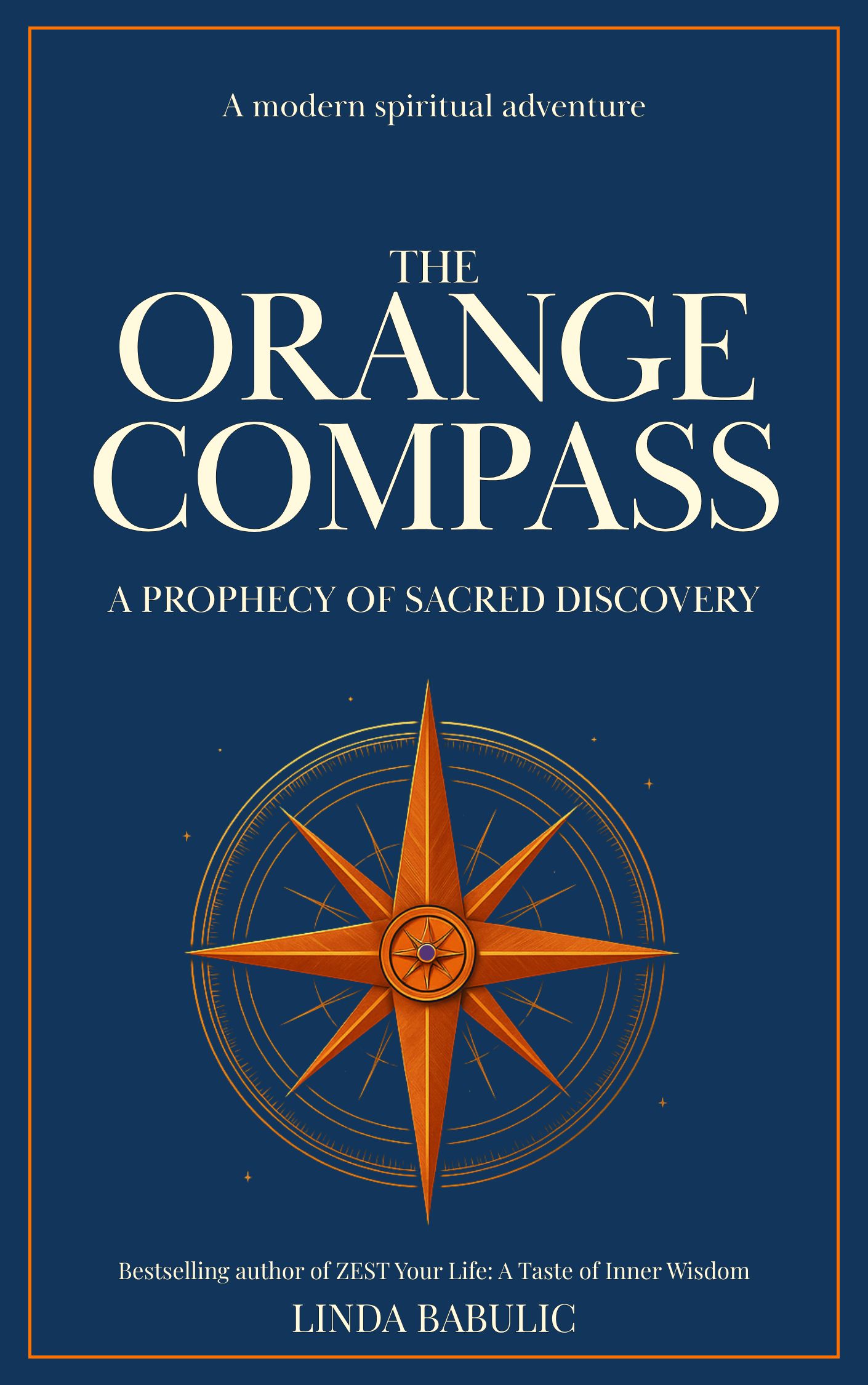A vibrant, stylized 3:2 book cover mockup for 'The Orange Compass', featuring a glowing orange compass rose over abstract golden and deep charcoal gradients, with subtle mystical symbols and a sense of radiant discovery. No human figures present.