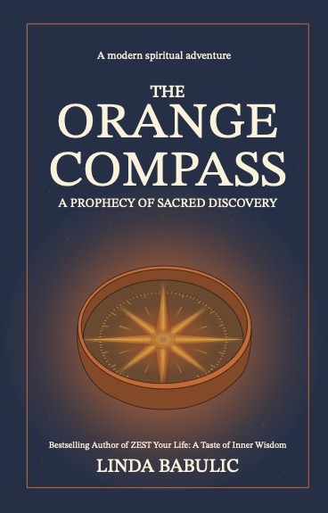 A vibrant, stylized 3:2 book cover mockup for 'The Orange Compass', featuring a glowing orange compass rose over abstract golden and deep charcoal gradients, with subtle mystical symbols and a sense of radiant discovery. No human figures present.