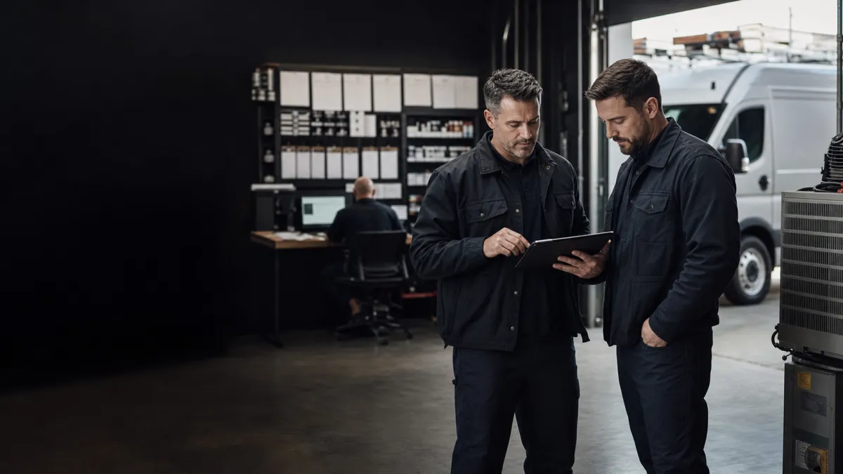 U.S. HVAC business owner reviewing operations with a technician