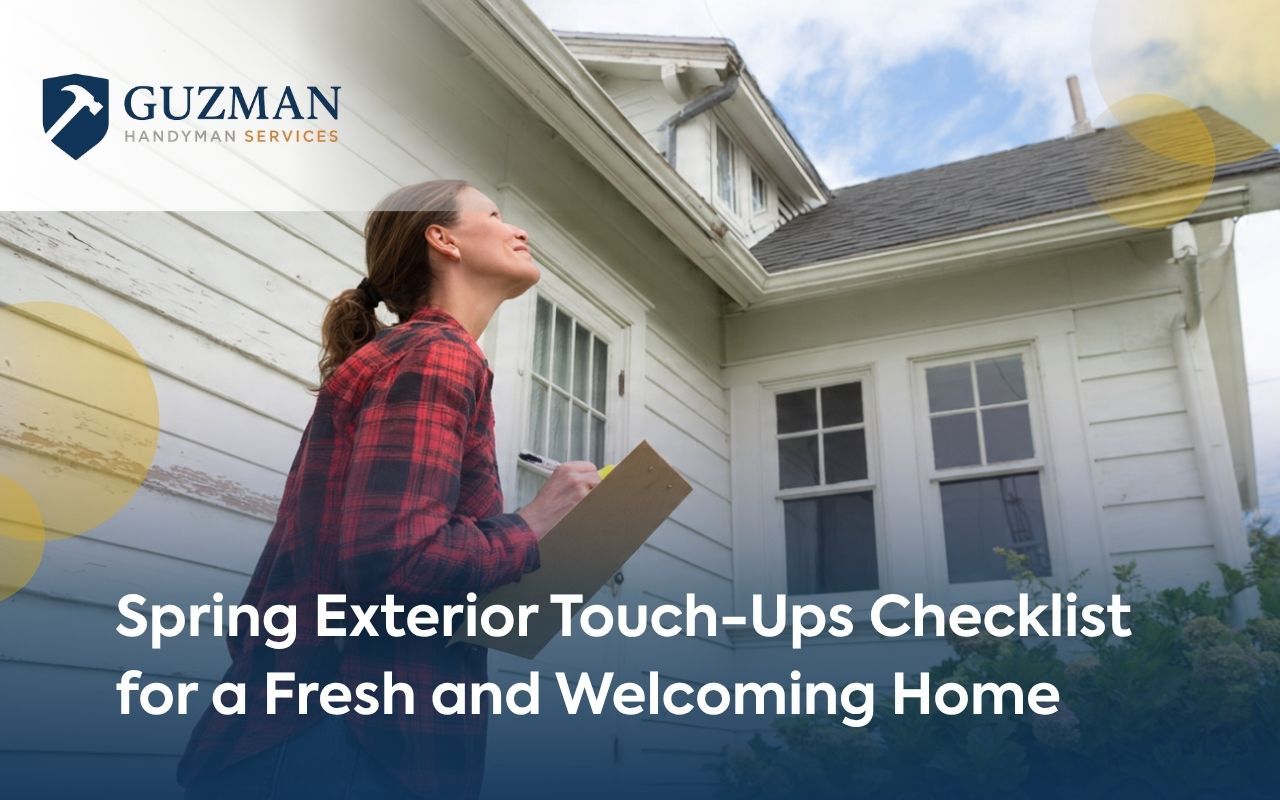 Homeowner using a spring exterior touch-ups checklist to inspect siding and trim