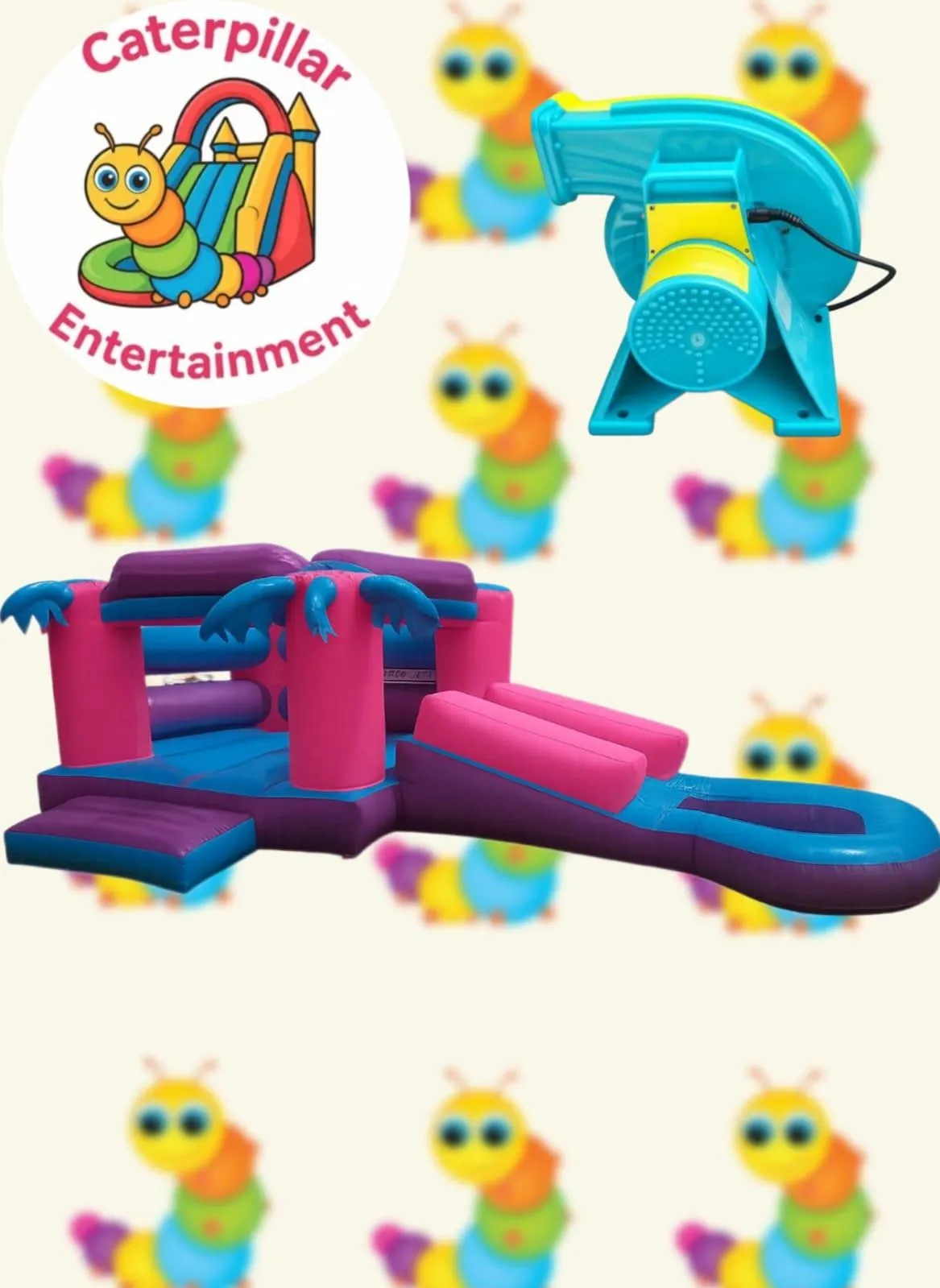 A vibrant, multi-colored premium commercial jumping castle with towering turrets and slide