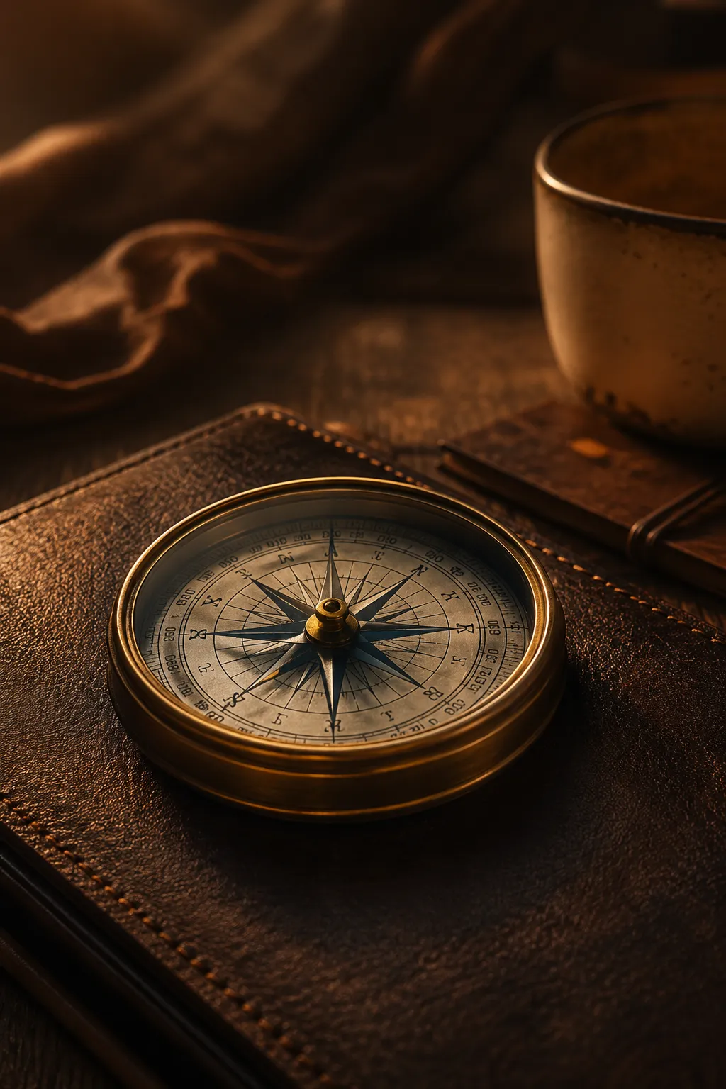 person holding compass facing towards green pine trees