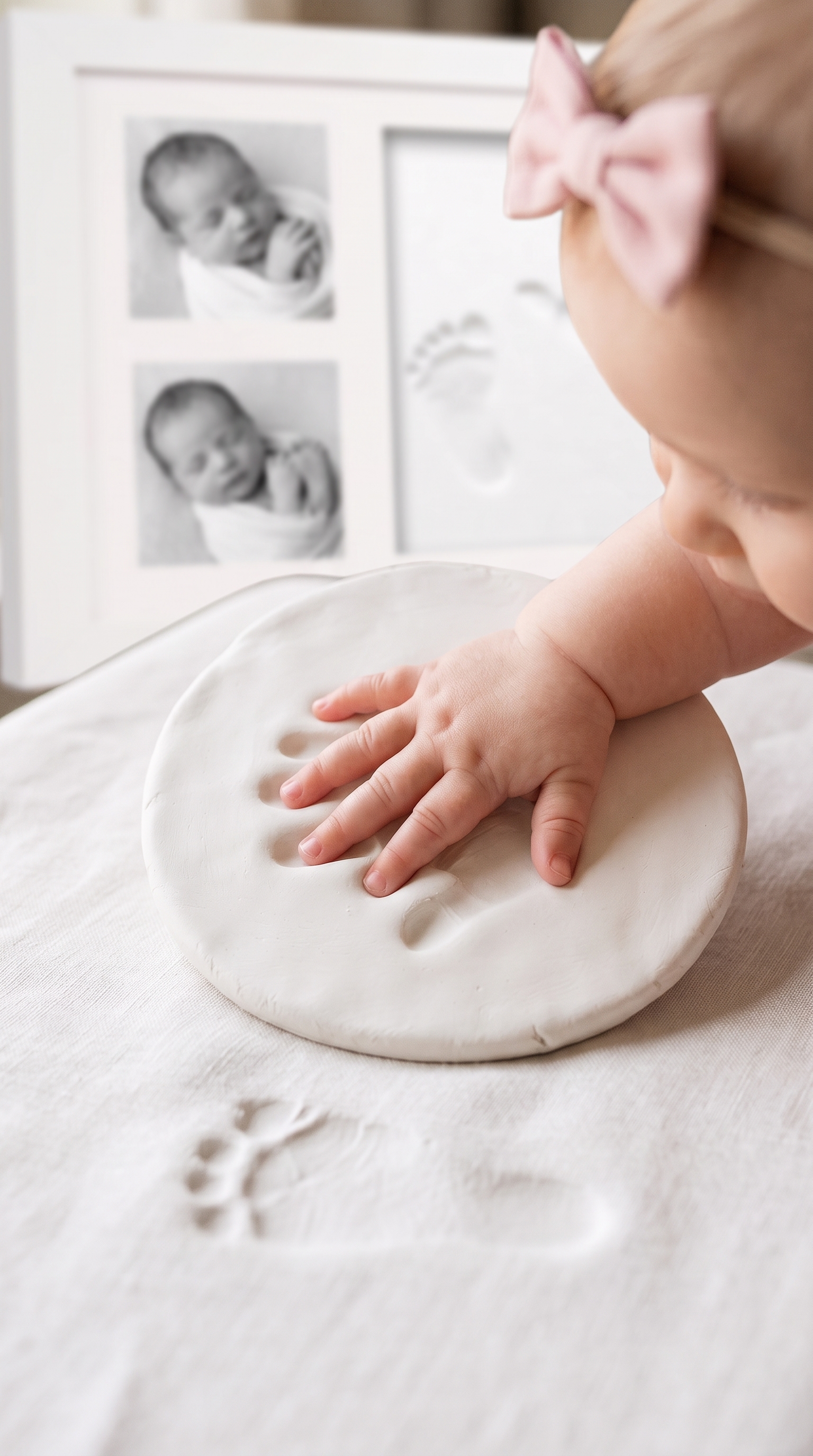 A high-end, elegantly styled photograph of a newborn's hand and foot imprint frame, set against warm natural light