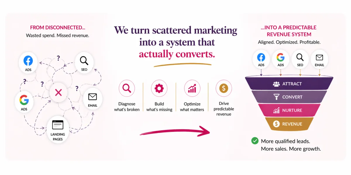 Marketing system transformation showing how disconnected ads and funnels are turned into a structured system that generates leads and revenue