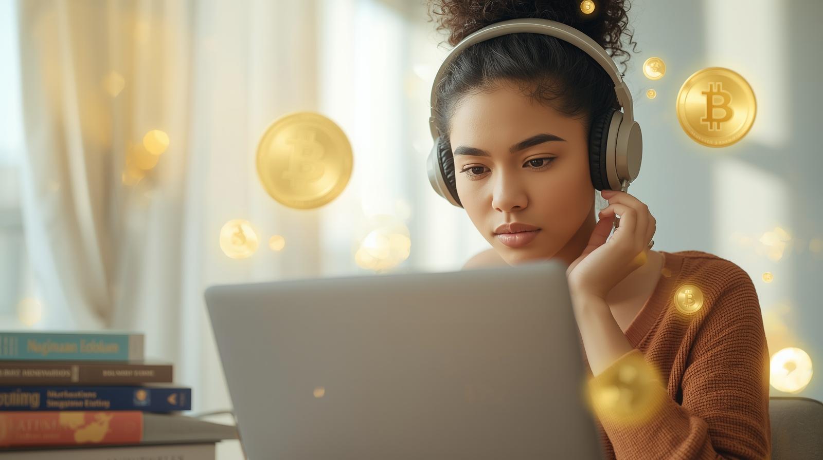 A diverse young woman in headphones, focused on a laptop, surrounded by international books and digital icons, in a modern home workspace. The background is softly blurred, emphasizing her engagement and the global reach of online learning.