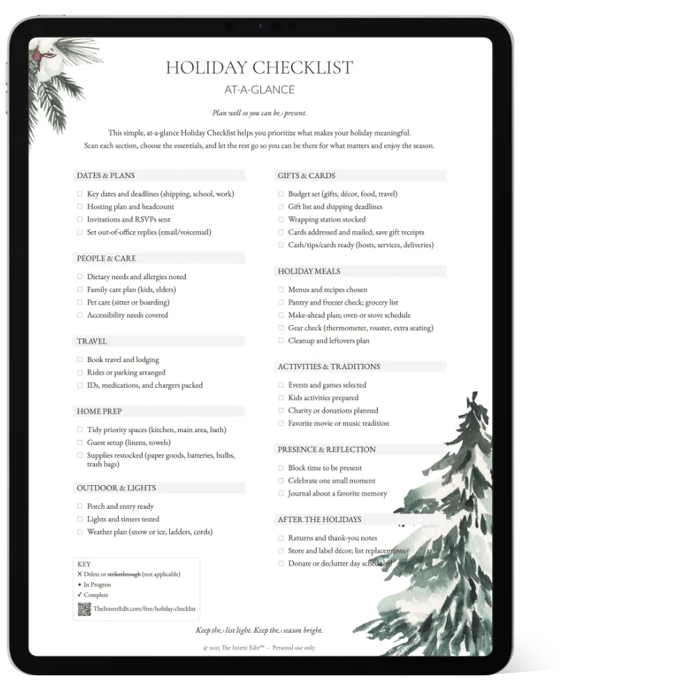A free holiday checklist printable or digital use iPad mockup with watercolor holiday design, clean page with organized sections for plans, shopping, travel, decorating, and celebrations, set on a simple white background from The Intent Edit.