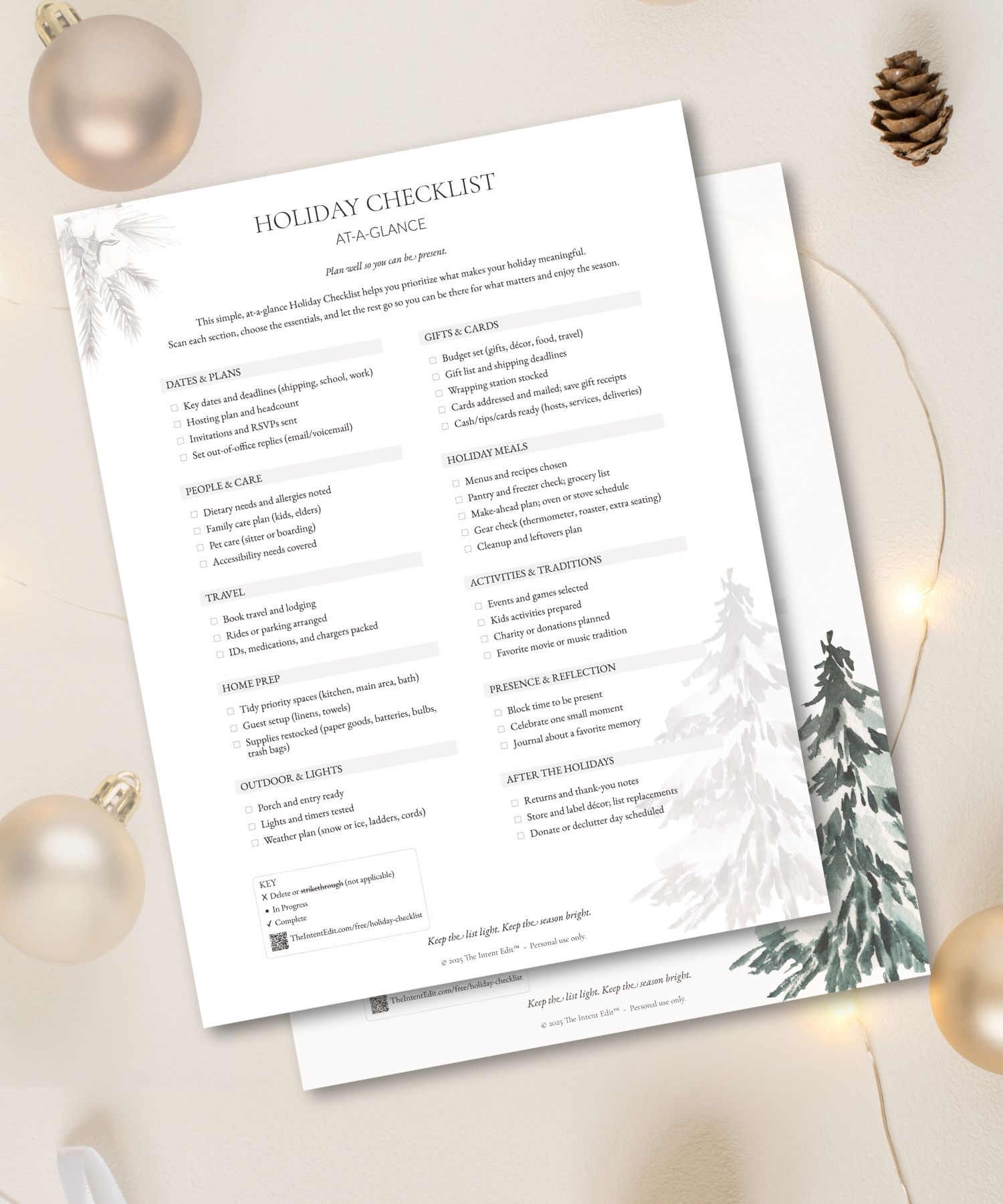 Free Holiday Checklist - One-Page (Printable PDF) - The Intent Edit mockup pages