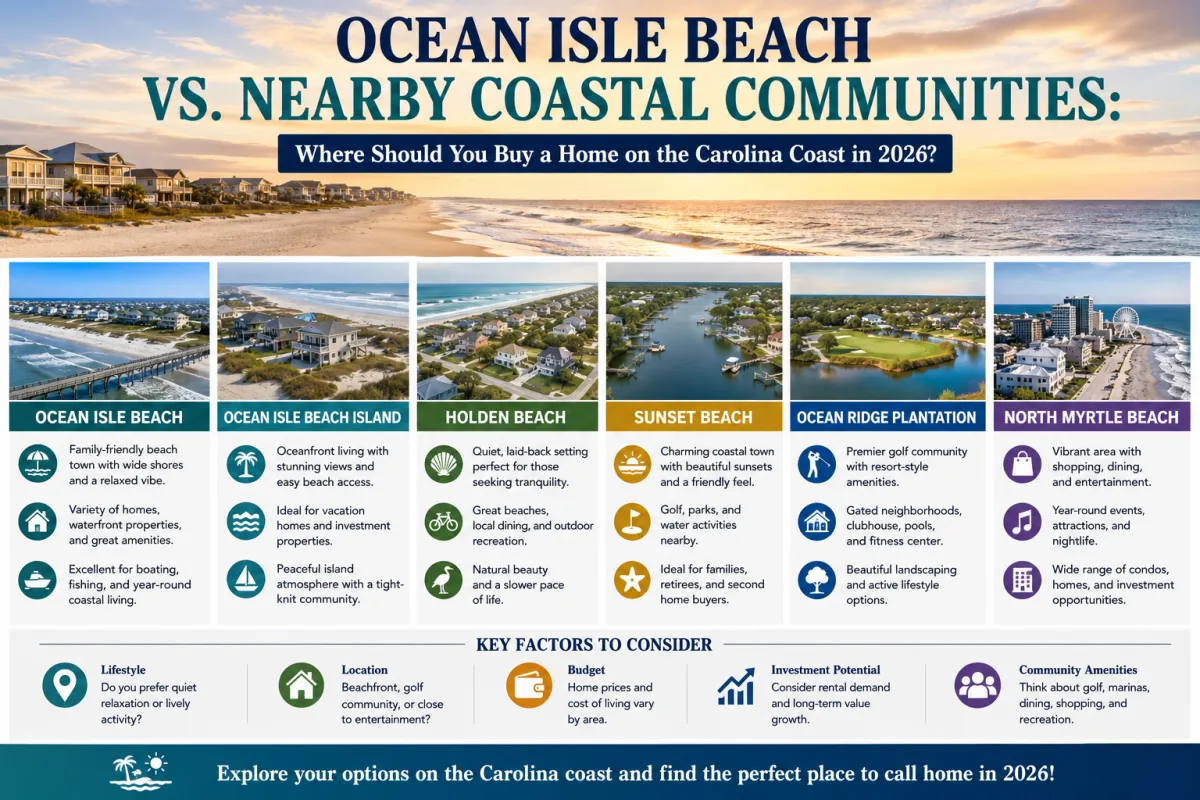 Ocean Isle Beach and nearby North Carolina coastal communities featuring beachfront homes, waterfront neighborhoods, golf communities, and scenic coastal living.