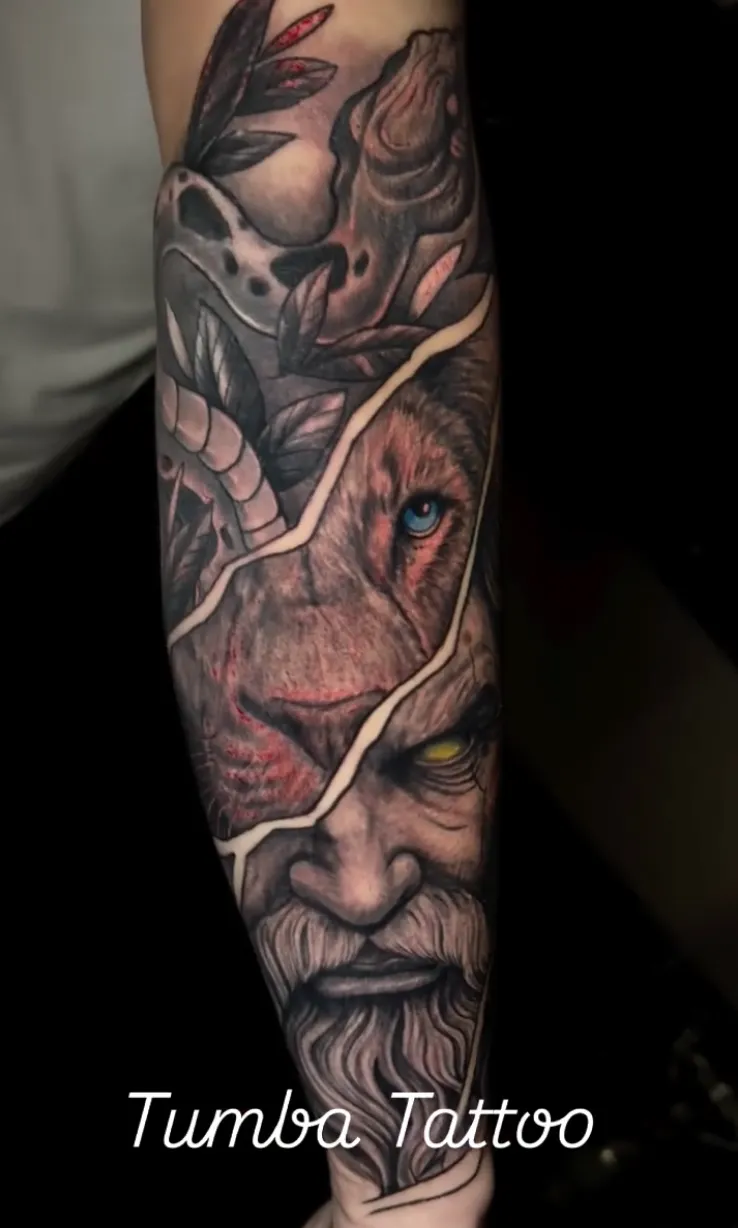 person with tattoo on right arm