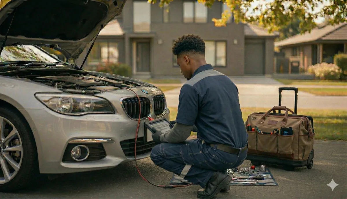 Mobile mechanic working on a car engine