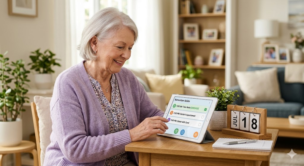 An retired woman smiling while looking at a tablet with a daily reminder app