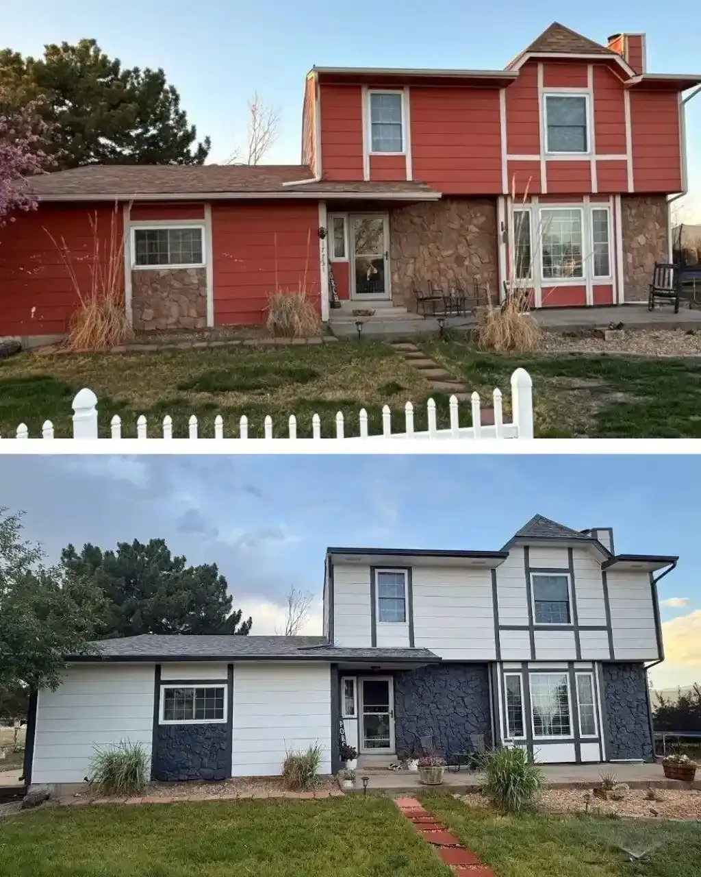 Before and after residential exterior and roofing improvement project