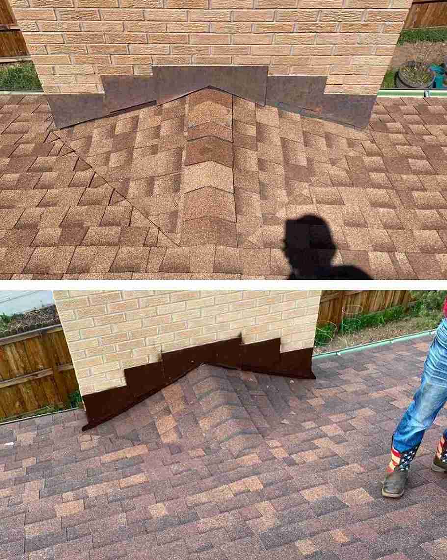 Roof flashing repair around brick chimney on asphalt shingle roof