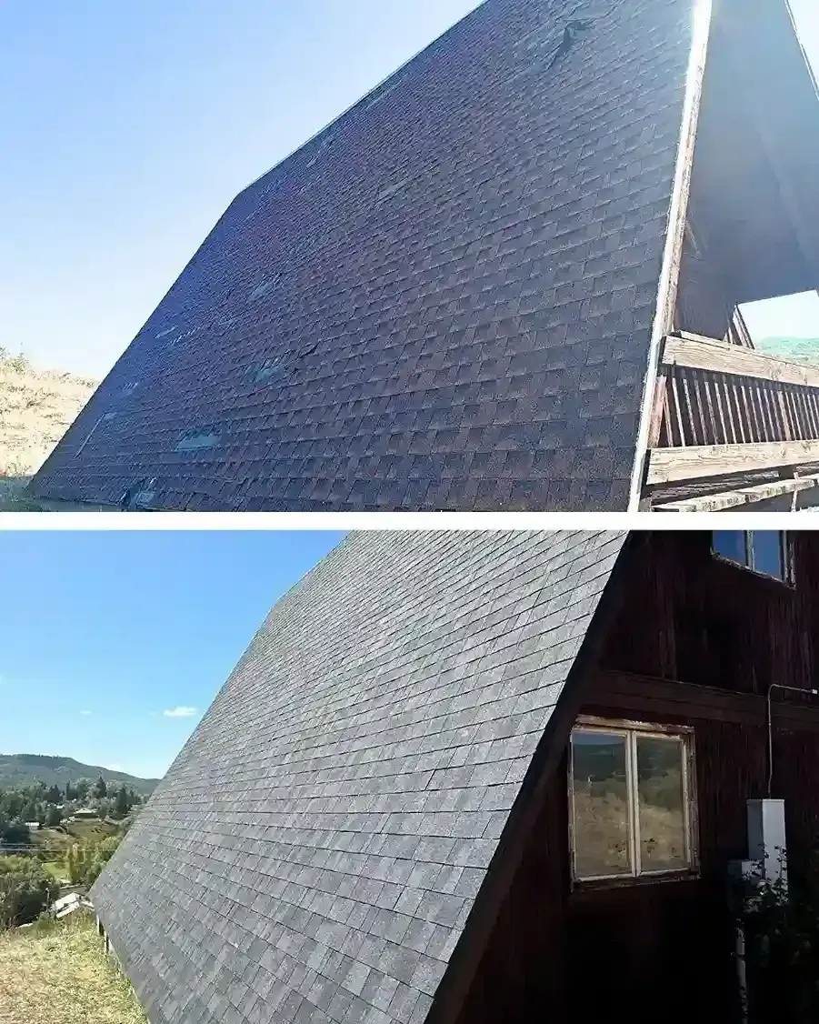 Before and after steep slope asphalt shingle roof replacement
