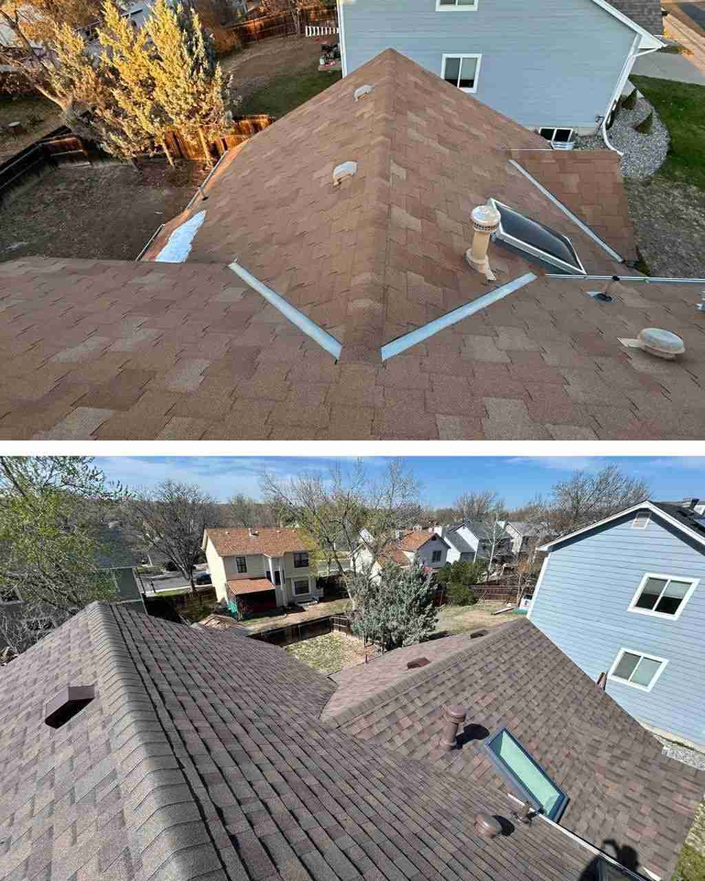 Before and after residential asphalt shingle roof replacement