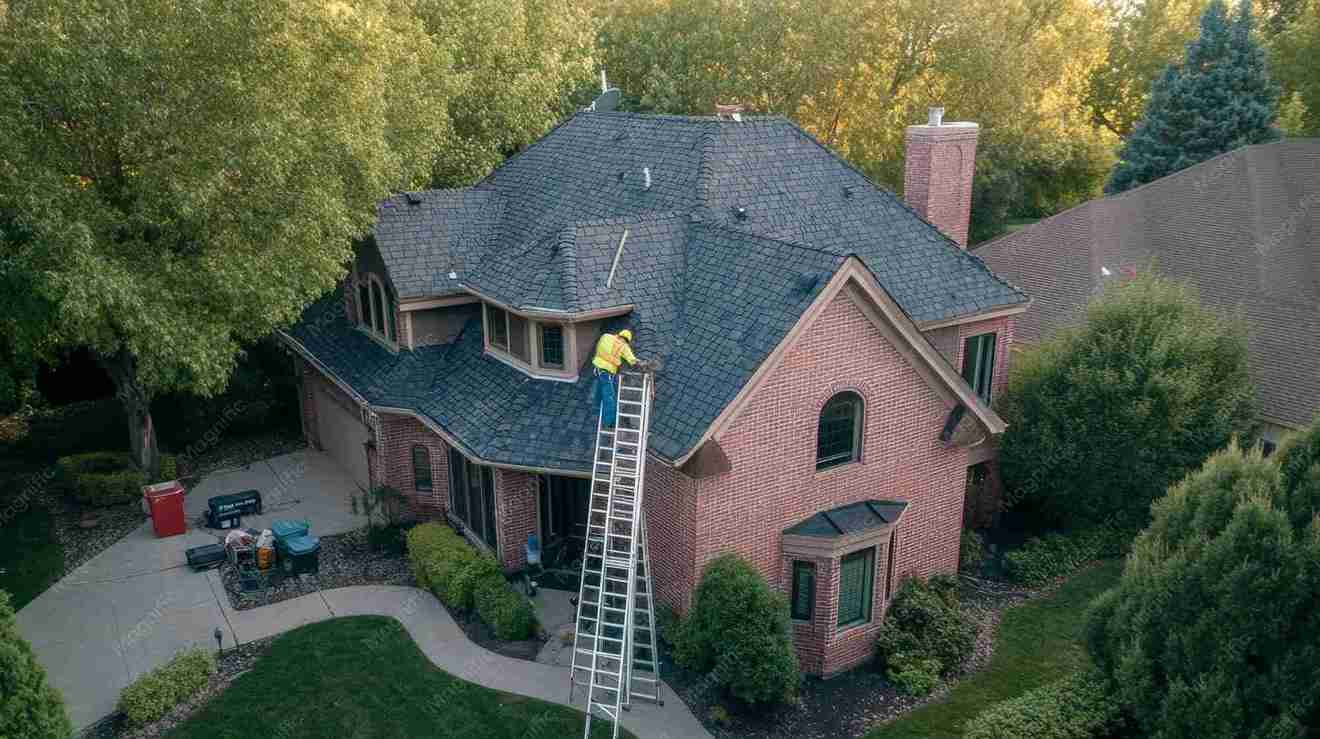 Roofing contractor inspecting residential asphalt shingle roof