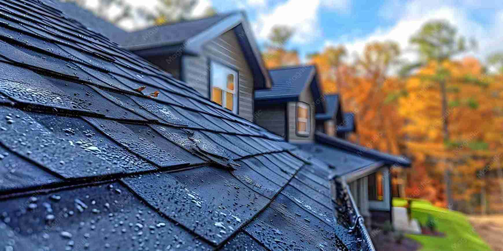 Water-resistant asphalt shingle roof protecting residential home from rain