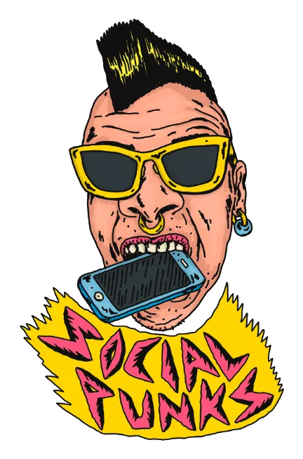 A cartoon illustration of a punk character with a black mohawk and yellow sunglasses biting a smartphone, with a yellow jagged speech bubble below reading SOCIAL PUNKS in a pink stylized font.