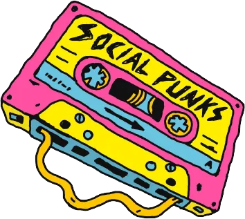 A vibrant illustration on a gray background showing a skeleton hand holding a colorful megaphone with “SOCIAL PUNKS” written in black capital letters, accented with yellow and pink details.