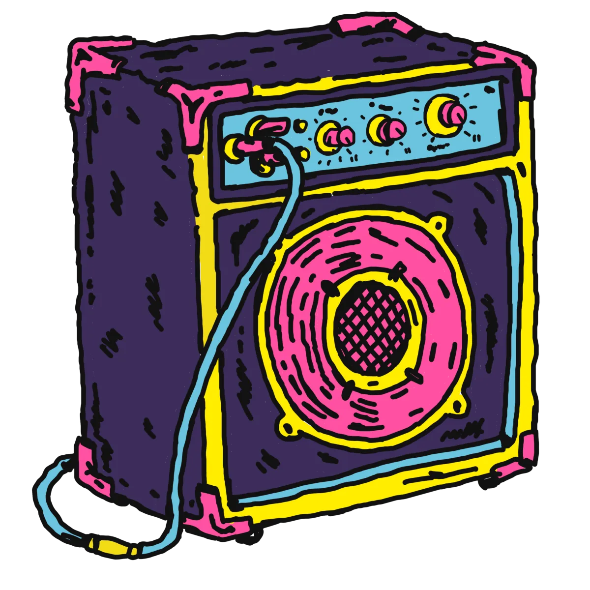 Hand-drawn punk-style guitar amplifier with a pink speaker, colorful control knobs, and a cable plugged in, set against a black background.
