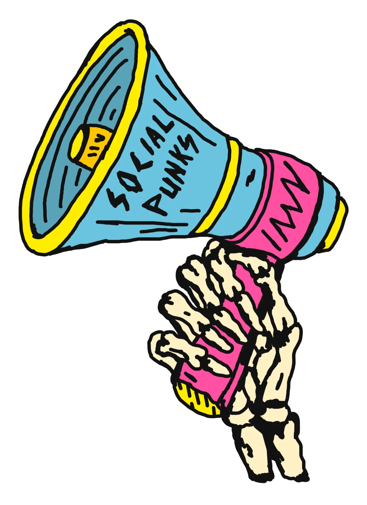 A vibrant illustration on a gray background showing a skeleton hand holding a colorful megaphone with “SOCIAL PUNKS” written in black capital letters, accented with yellow and pink details.