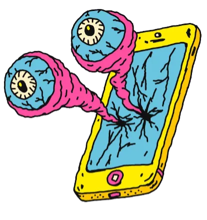 Illustration of a yellow smartphone with cracks on its screen, from which two eyeballs on pink stalks emerge, set against a gray background.