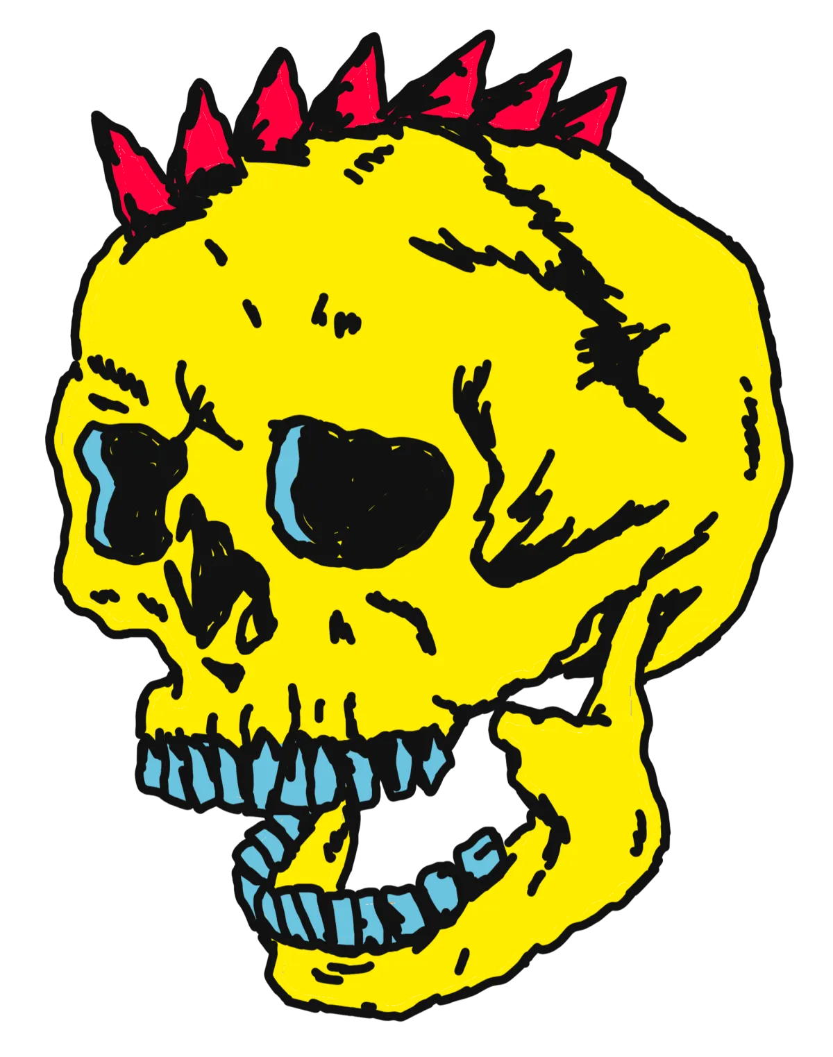 Punk-style cartoon yellow skull with red spikes on top and blue teeth, facing to the side on a black background.