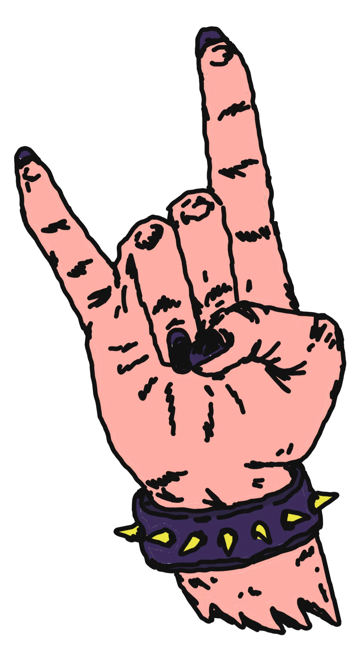 Hand-drawn illustration of a pink hand making the rock on or devil horns gesture with black fingernails and a spiked purple wristband.