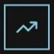 Light blue icon on a black background showing a jagged line graph with an arrow pointing upward inside a thin square outline.