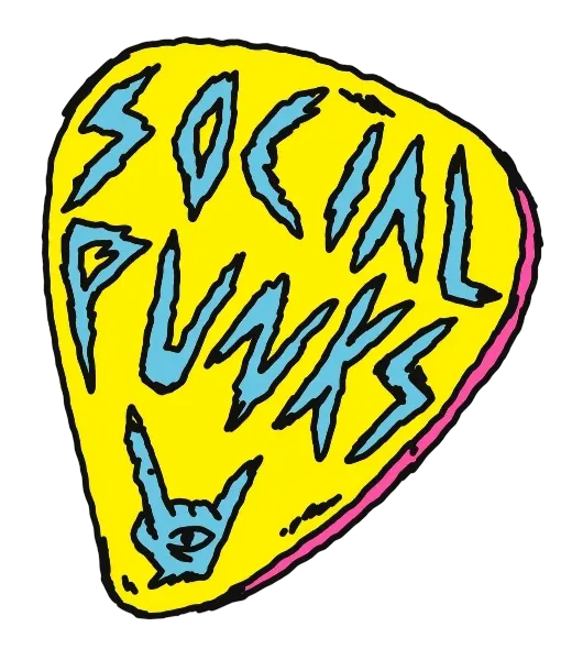 Hand-drawn illustration of a pink hand making the rock on or devil horns gesture with black fingernails and a spiked purple wristband.