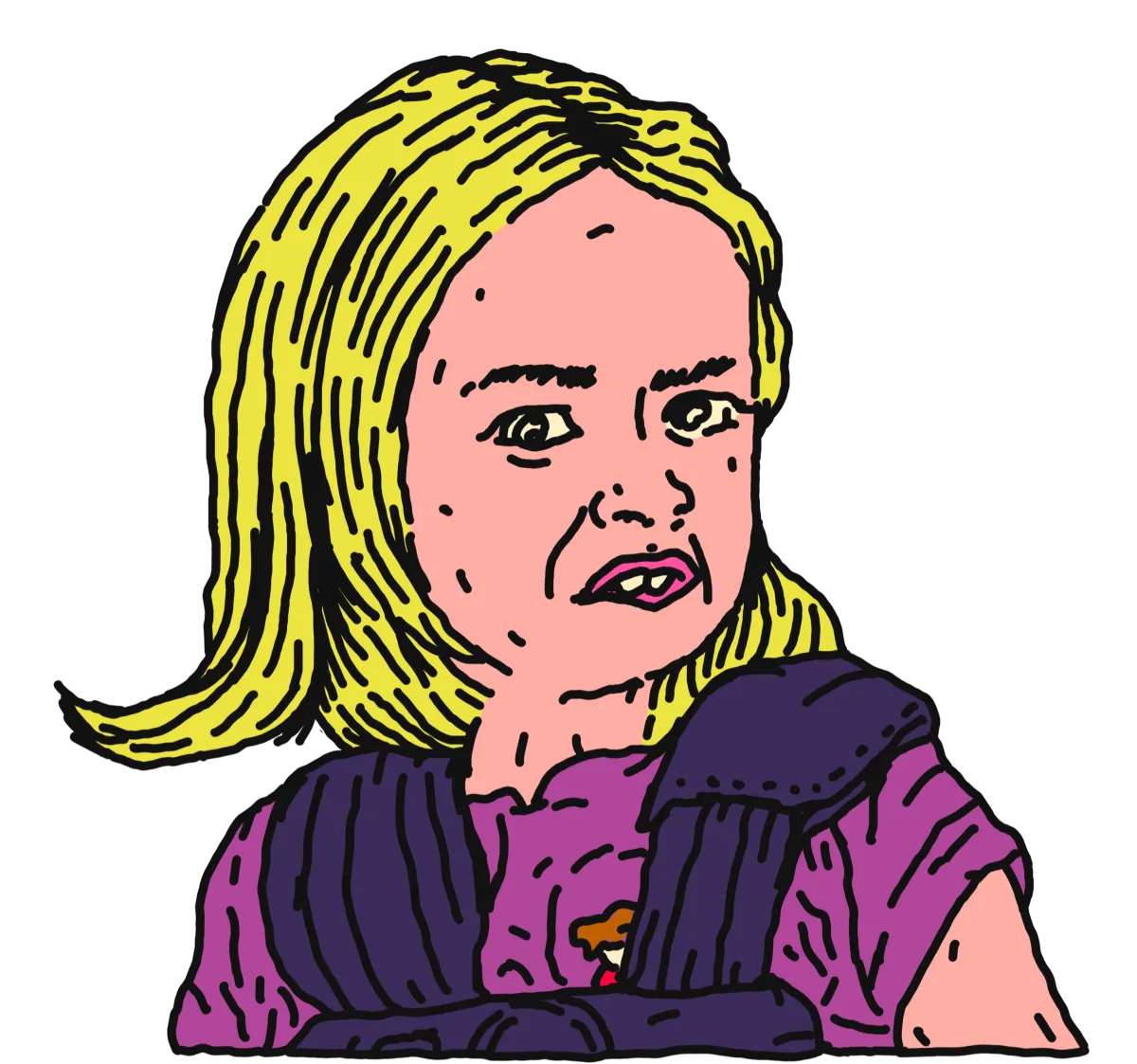 Hand-drawn cartoon illustration of a young blonde child wearing a purple shirt and dark vest, looking slightly to the side with a curious expression on a light background.