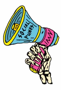 A vibrant illustration on a gray background showing a skeleton hand holding a colorful megaphone with “SOCIAL PUNKS” written in black capital letters, accented with yellow and pink details.