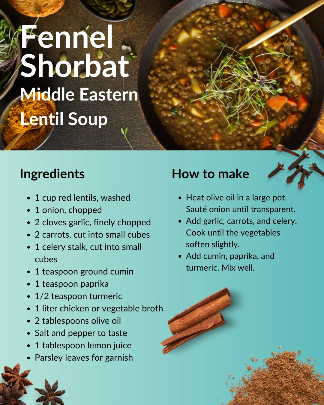 A bowl of Fennel Shorbat, a Middle Eastern lentil soup, with spices and herbs.