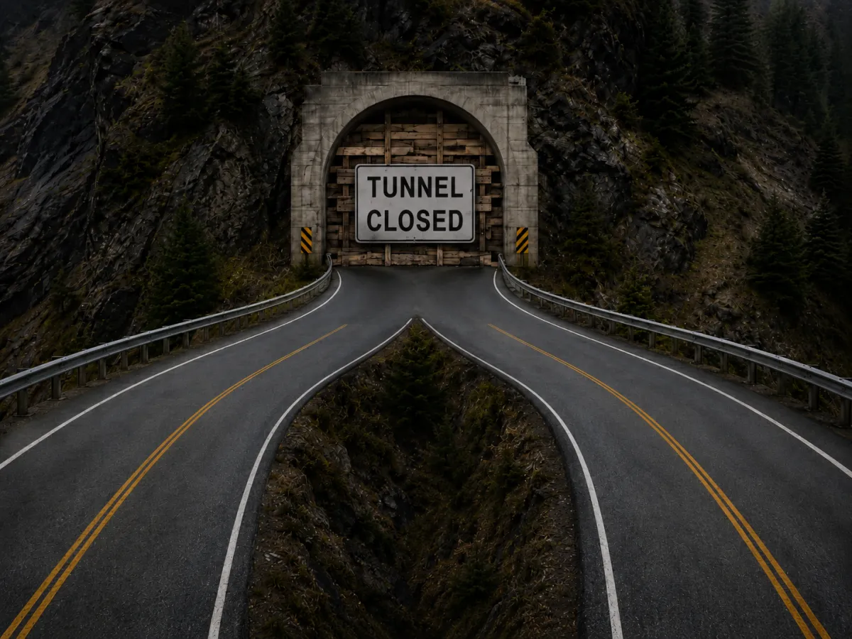 Two roads leading to a closed tunnel