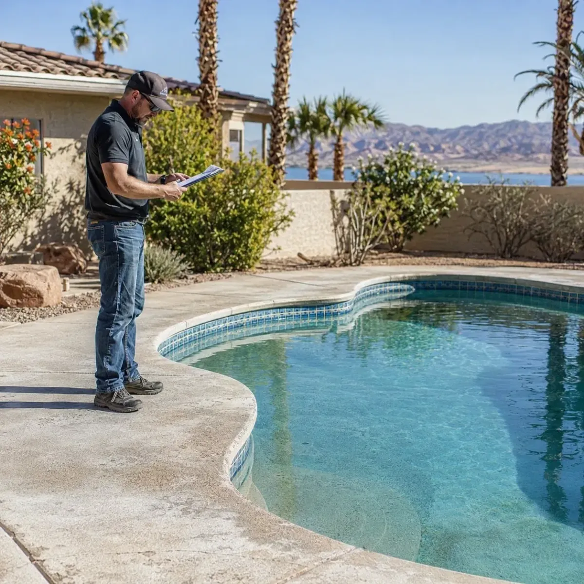 Pool contractor inspecting an existing swimming pool before remodeling