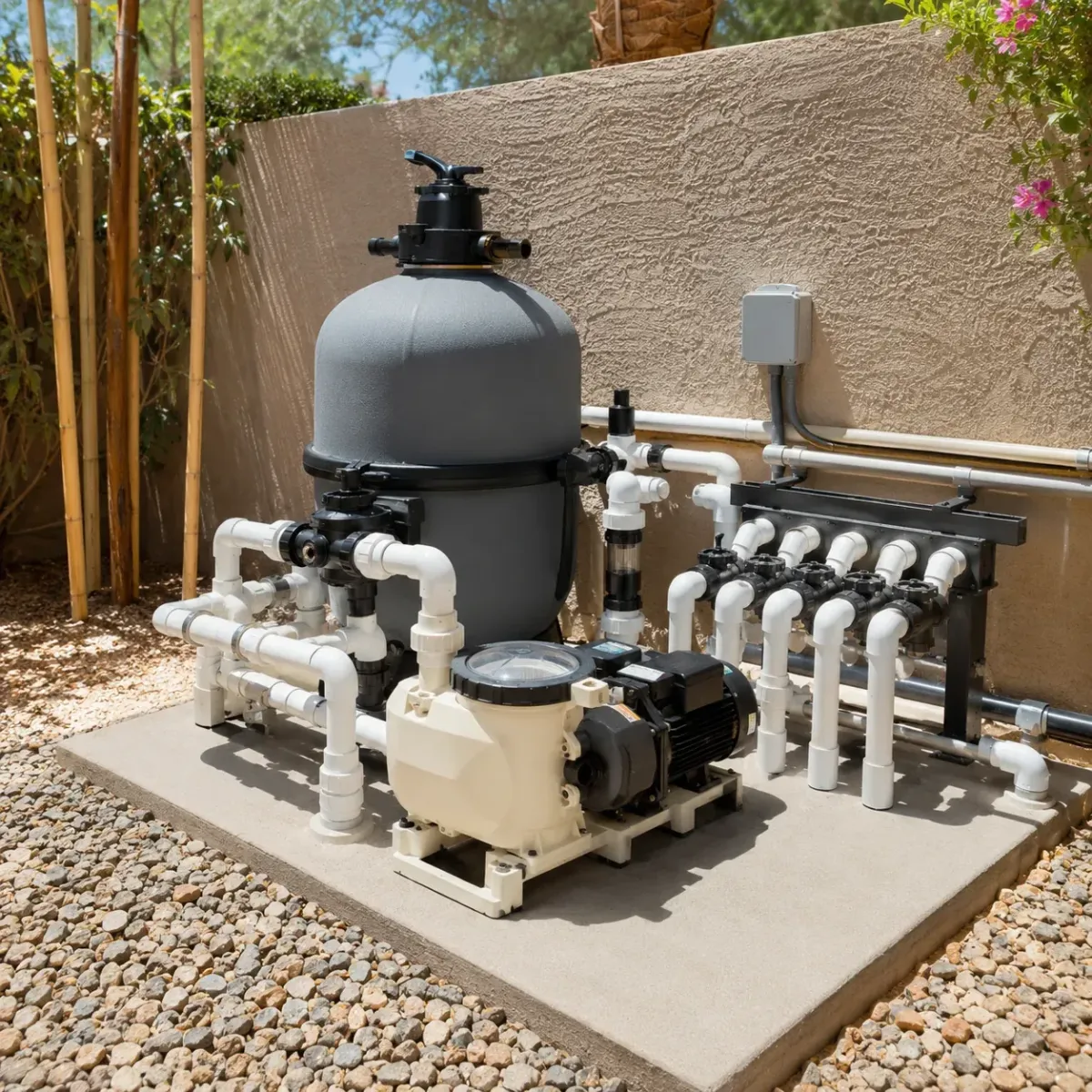 Updated pool equipment and plumbing during a swimming pool remodel