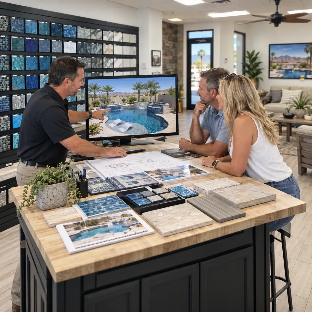 Homeowners reviewing a pool and backyard design at the Sandcastle Pools showroom