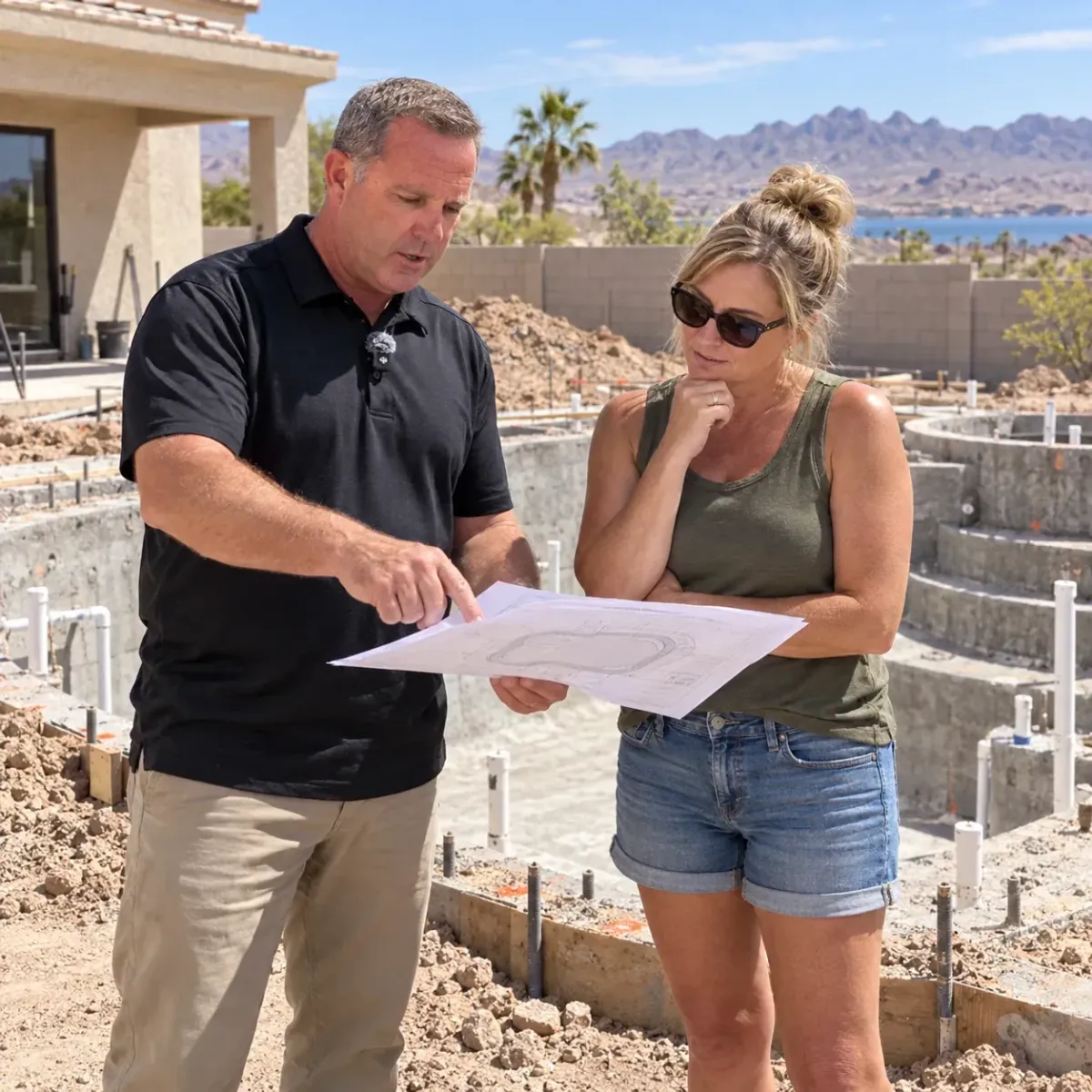 Pool consultant reviewing an active owner-builder pool project in Lake Havasu City