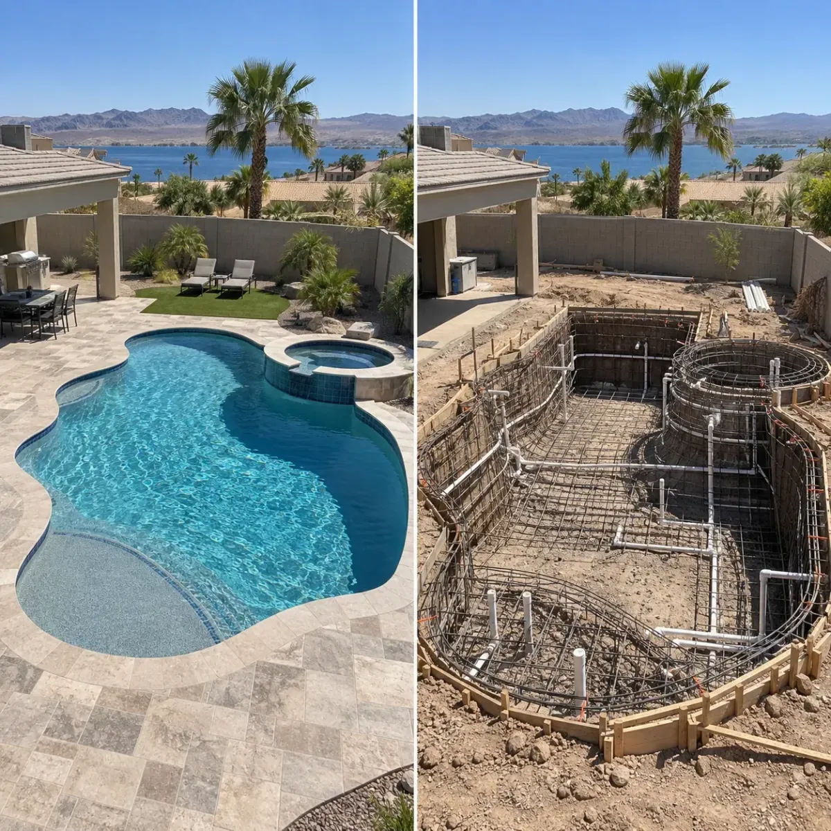 Finished swimming pool compared with plumbing and steel before shotcrete