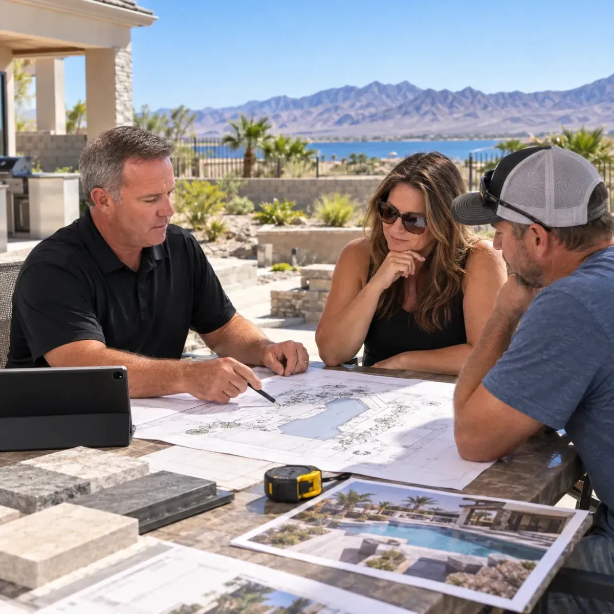Homeowners reviewing pool plans and proposal details with a pool designer