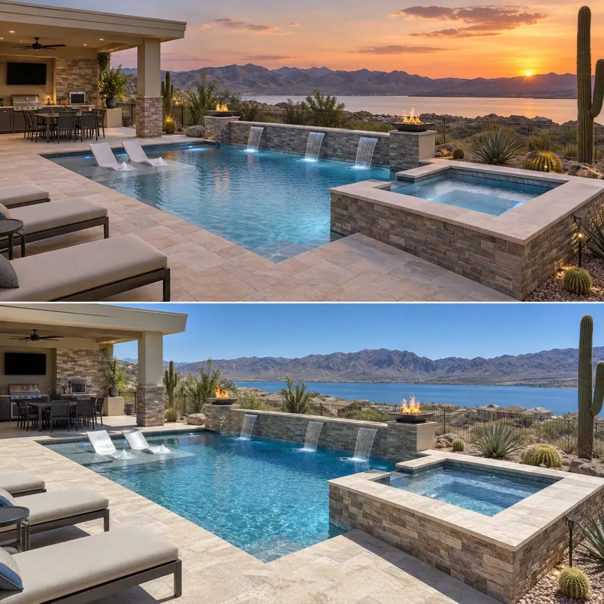 3D pool design compared with the completed pool