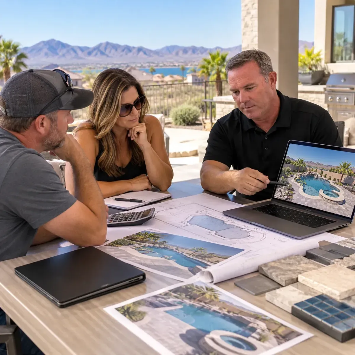 Homeowners reviewing financing options for a swimming pool project