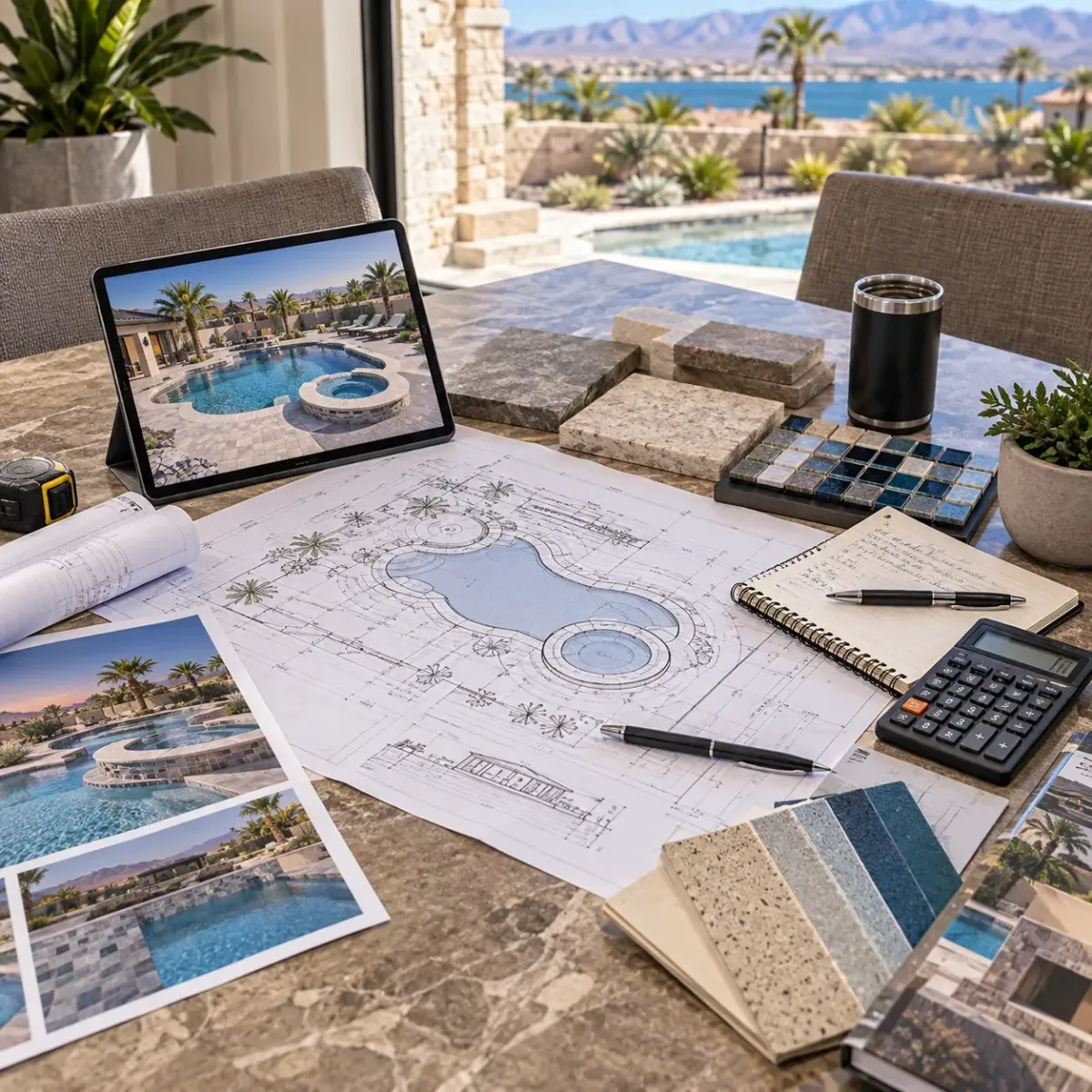 Pool plans and material samples being reviewed for project budgeting