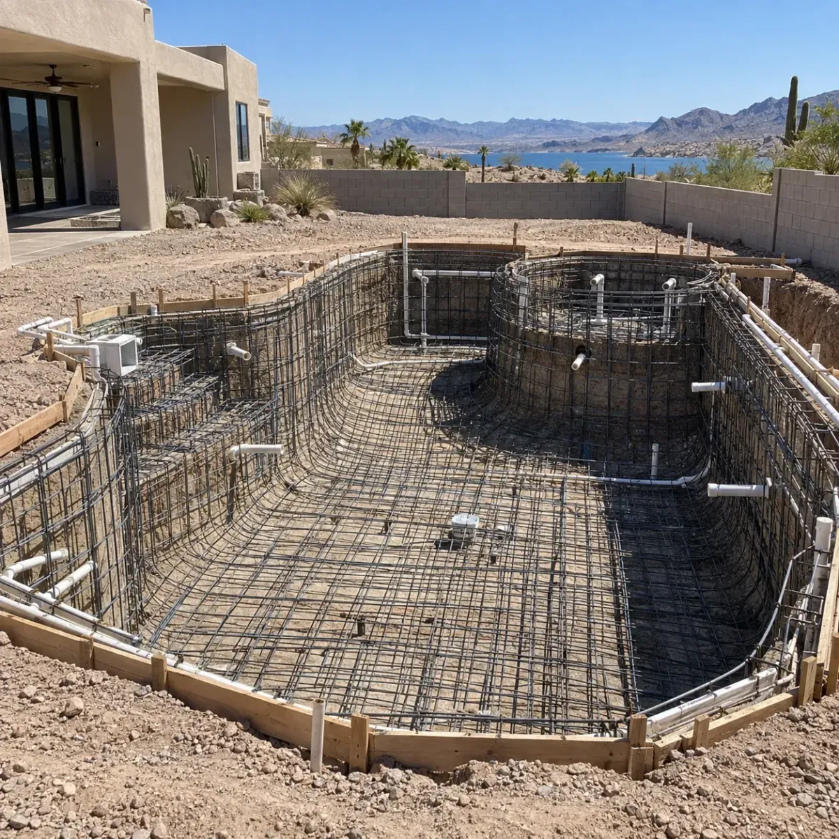 Pool plumbing and reinforcing steel before shotcrete