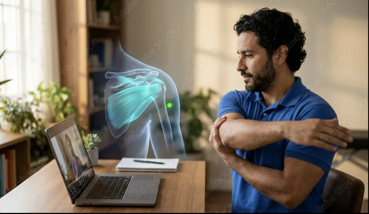 Clean, modern virtual clinic telehealth visit with a clinician on a laptop